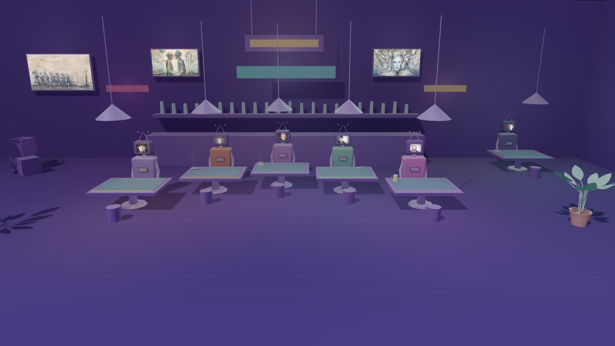 The café interior: six tables, each with a television showing a band member